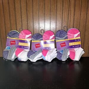 3 X Value 12 Packs Hanes Girls Wicking Cool Comfort No Show Socks Size L 4-10